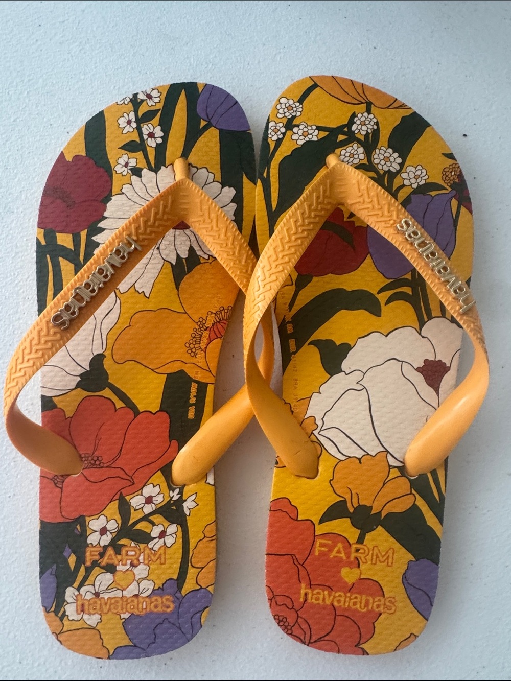 Farm Rio Anthropologie Havaianas Floral Flip Flops - Yellow & Orange Straps - Picture 2 of 3